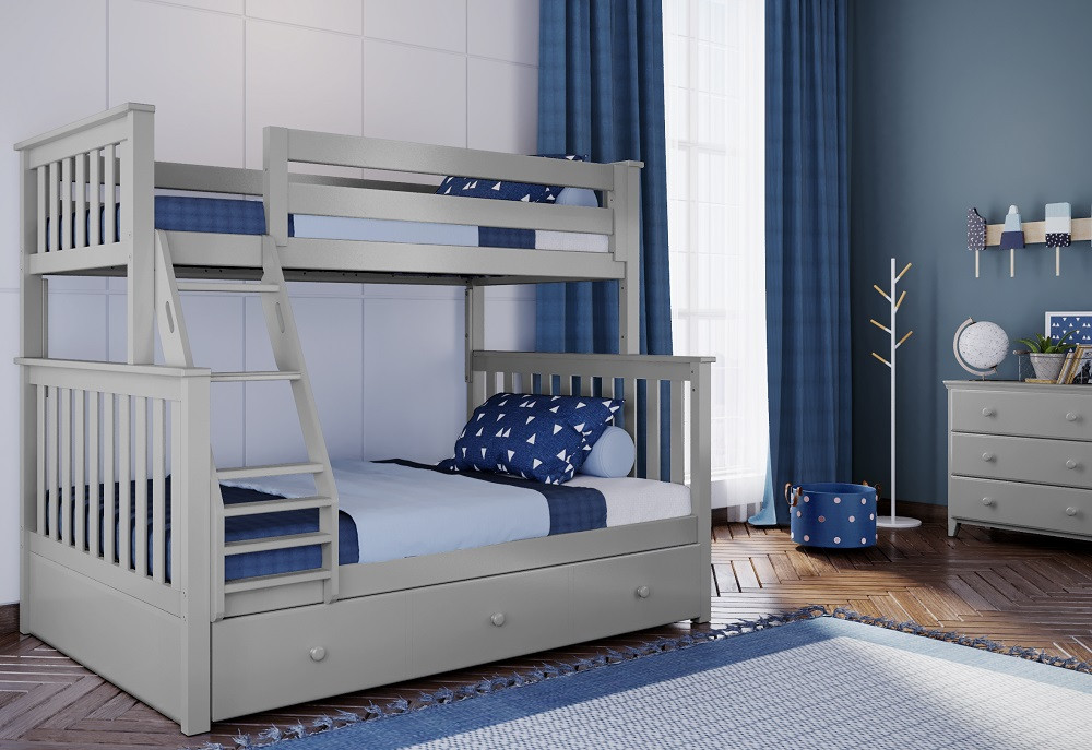 Rylan Gray Twin over Full Bunk Beds shown with Optional Twin Storage Trundle Angled View Room