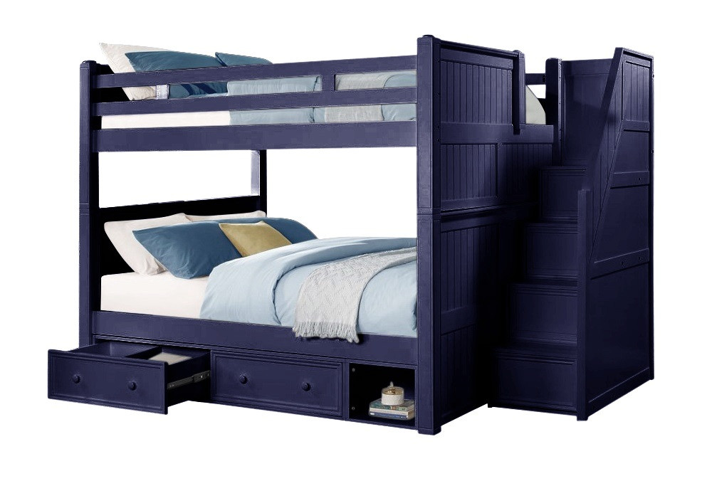 Bellamy Queen Bunk Bed with Stairs shown with Optional Set of 2 Storage Drawers with Cubby in Blue Finish