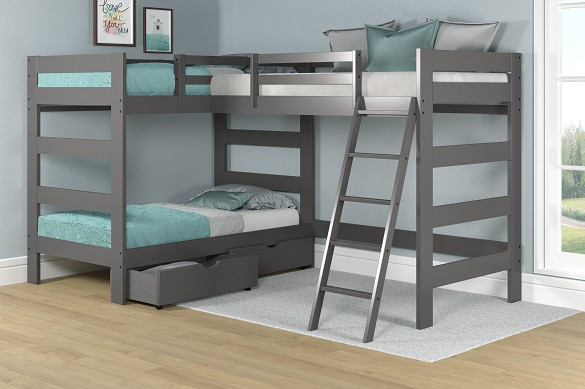 Winthrop Gray Twin Size Loft Bunk Beds shown with Optional Under Bed Drawers Room