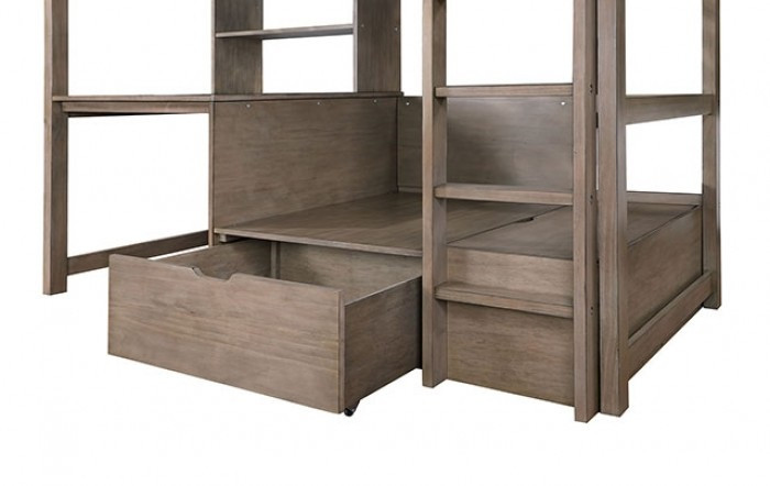 Quinn Greige Loft Bed with Desk Pull Out Drawers on Casters Detail