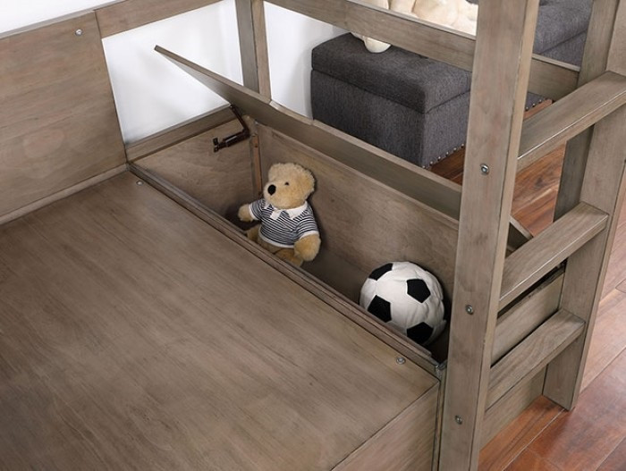 Quinn Greige Loft Bed with Desk Flip Top Storage Box Detail