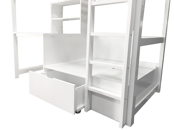 Arden White Loft Bed with Desk Pull Out Drawers on Casters Detail