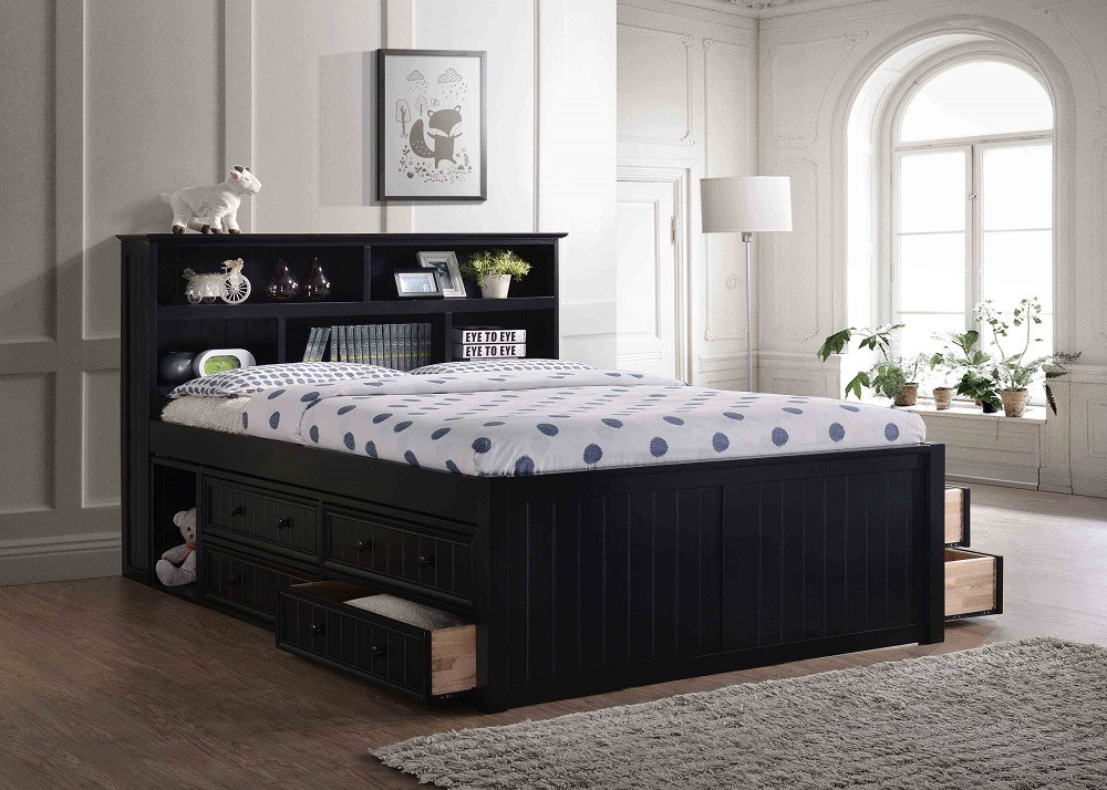 Moreno Grey Queen Bookcase Captains Bed with Drawers on Both Sides Room (Shown in Black)