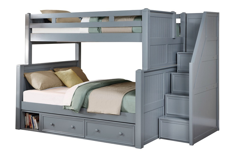 Kallista Dual Height Full XL over Queen Bunk Bed with Stairs shown with Optional Underbed Storage Drawers-Grey Finish