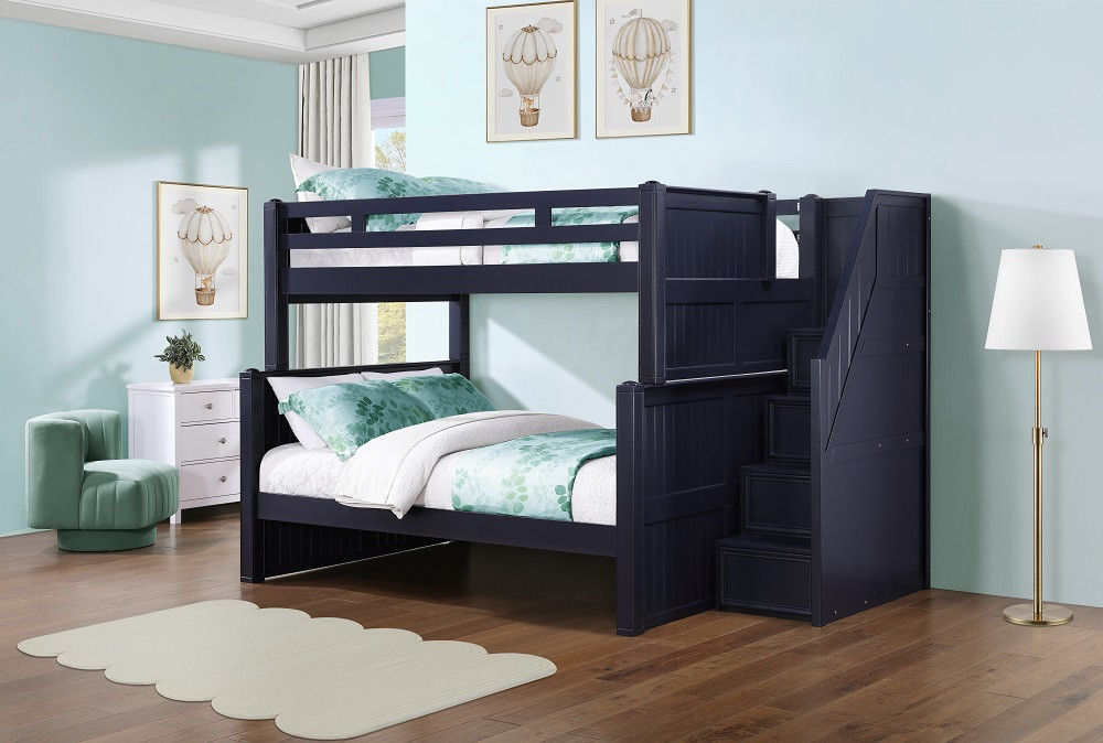 Kallista Dual Height Full over Queen Bunk Bed with Stairs Room-Blue Finish