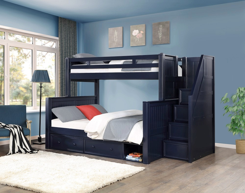 Westlake Dual Height Twin over Queen Bunk Bed with Stairs shown with Optional Underbed Storage Drawers Room-Blue Finish