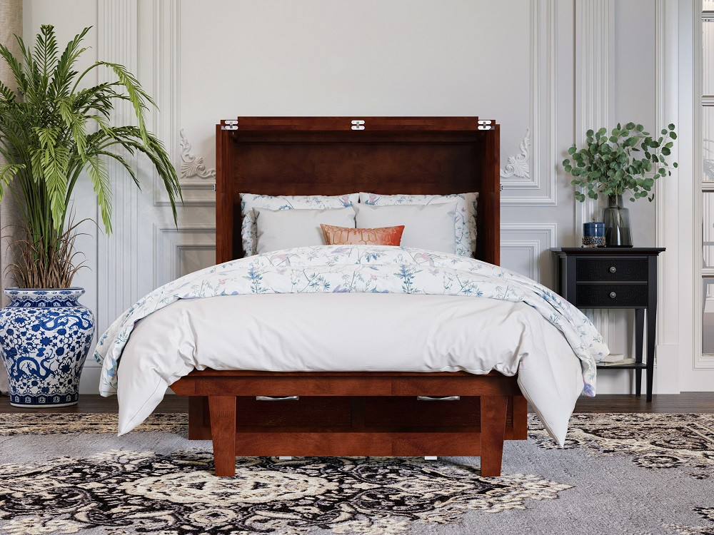 Whittington Walnut Twin XL Murphy Bed Fully Extended Front View Room
