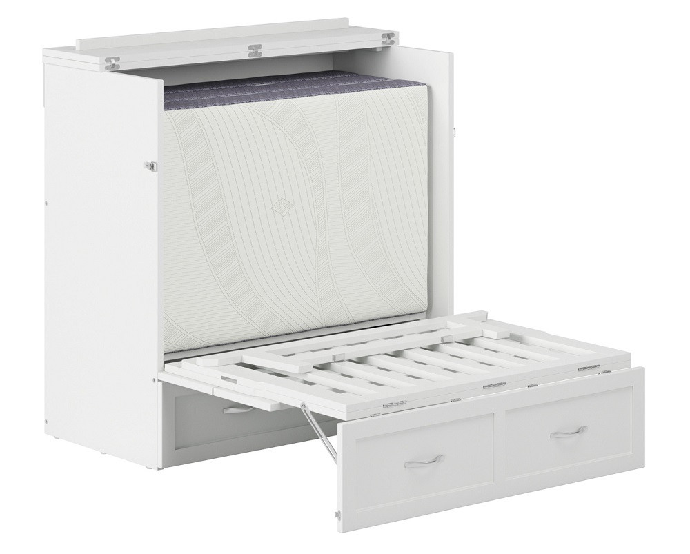 Colette White Twin XL Murphy Bed Frame Partially Extended with Mattress