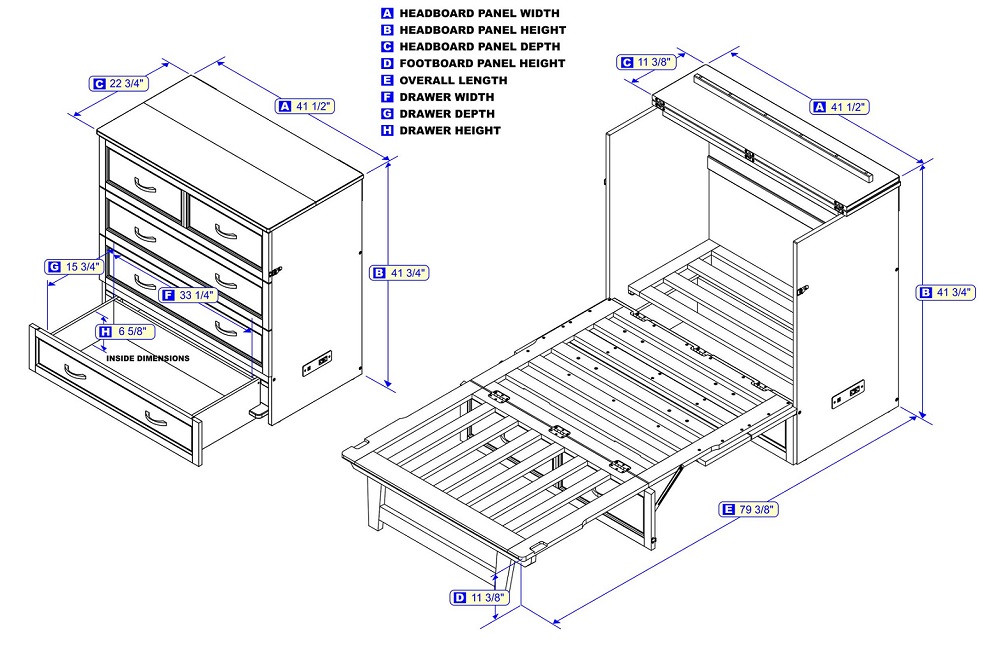Colette White Twin XL Murphy Bed Dimensions