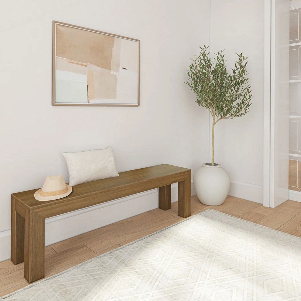 Rockport Distressed Pecan Dining Bench Angled View Room