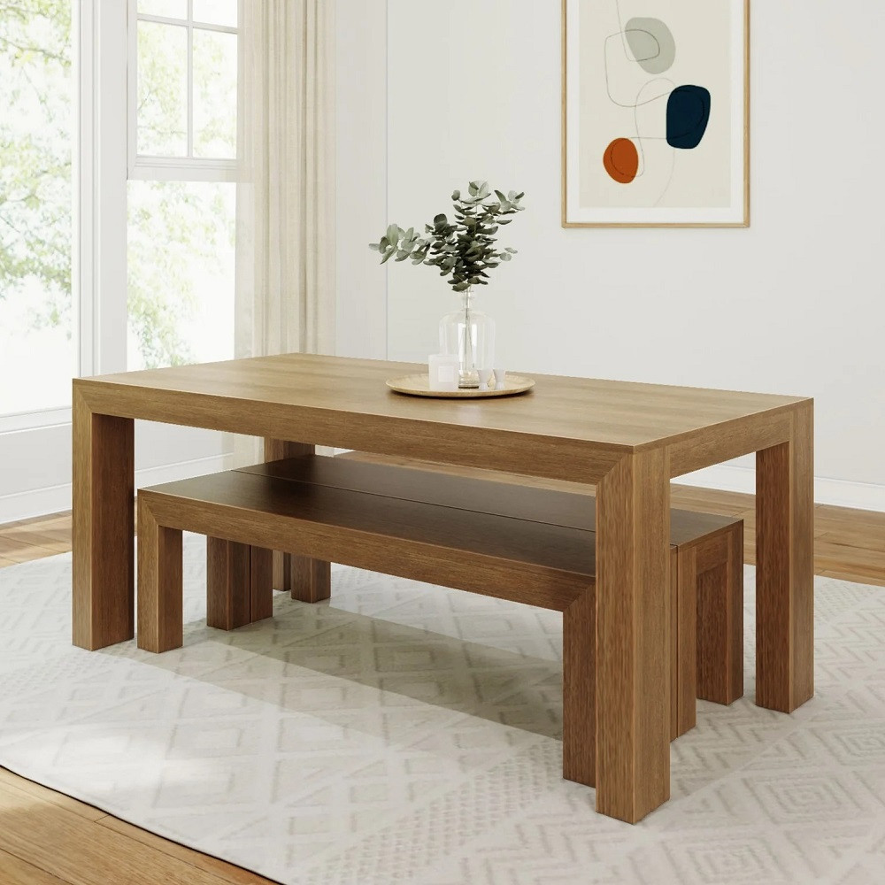 Rockport Distressed Pecan Dining Table with Bench Angled View Benches In Room