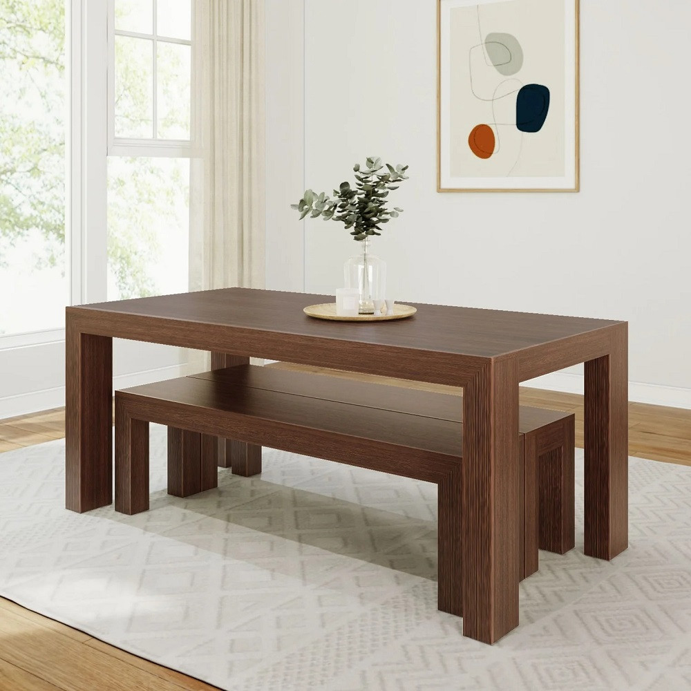 Rockport Distressed Walnut Dining Table with Bench Angled View Bench In Room