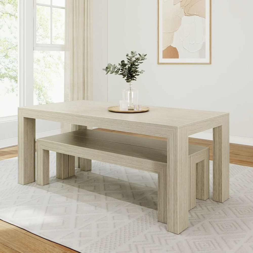 Rockport Distressed Seashell Dining Table with Bench Angled View Benches In Room