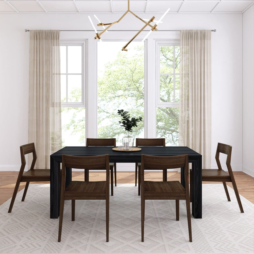 Rockport Distressed Black Dining Table Set Front View shown with Walnut Chairs Room