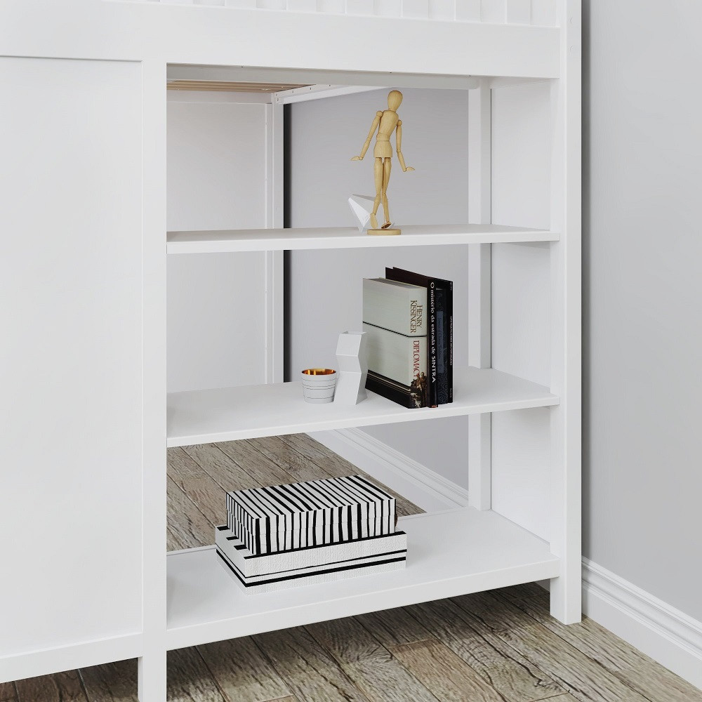 Mara White Staircase Storage Loft Bed with Desk Shelf Detail Room