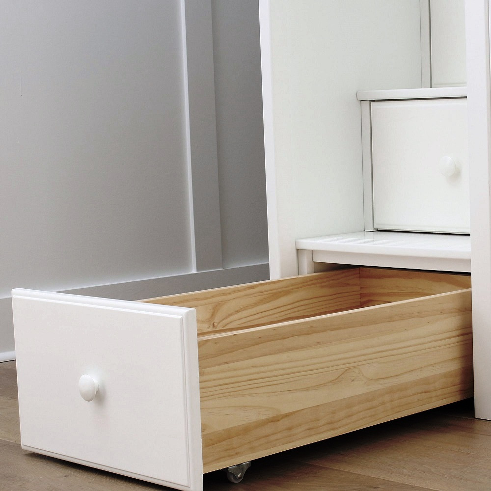 Mara White Staircase Storage Loft Bed with Desk Staircase Bottom Drawer Detail Room