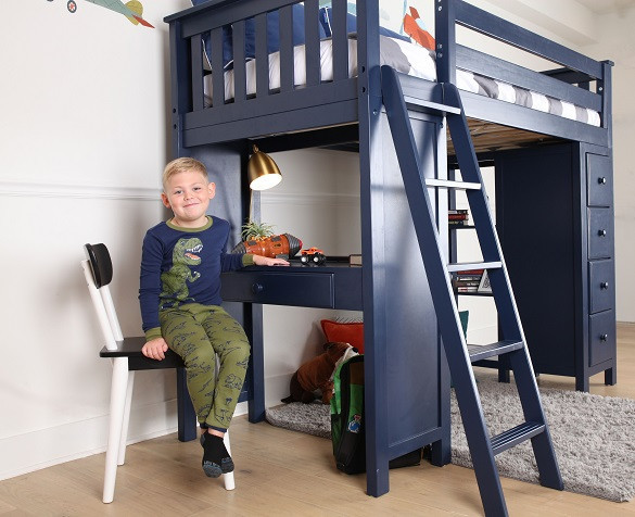 Baldwin Blue Twin Loft Bed with Desk and Storage Child at Desk
