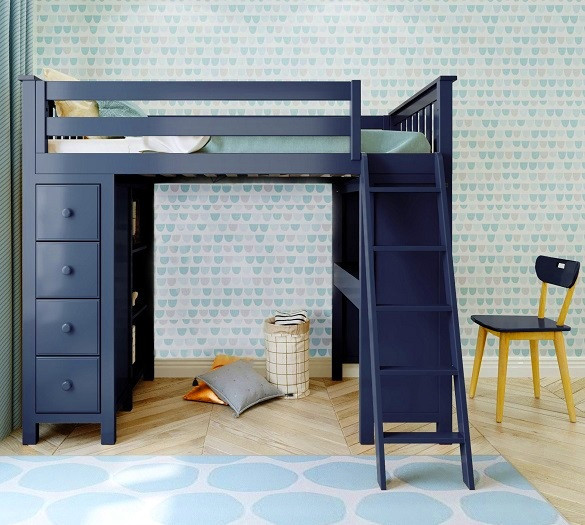 Baldwin Blue Twin Loft Bed with Desk and Storage Front View Room