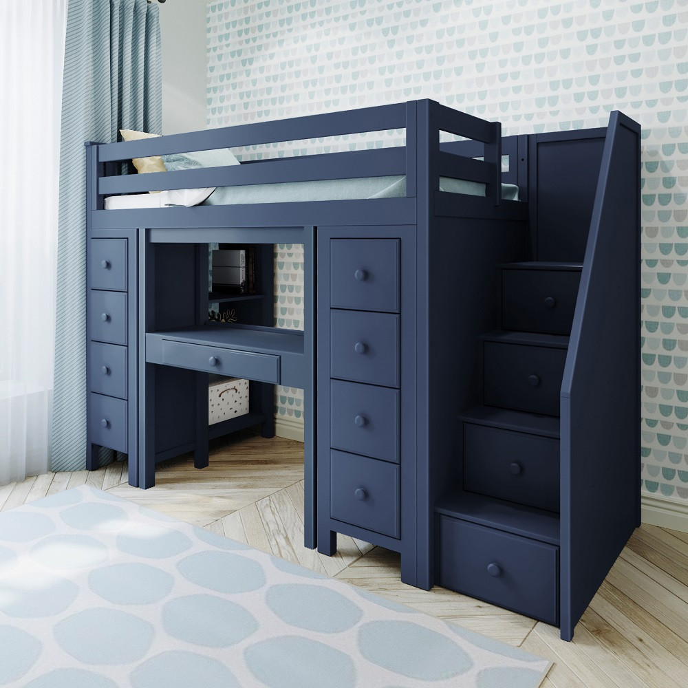 Remy Blue Staircase Storage Loft Bed with Desk Angled View Room