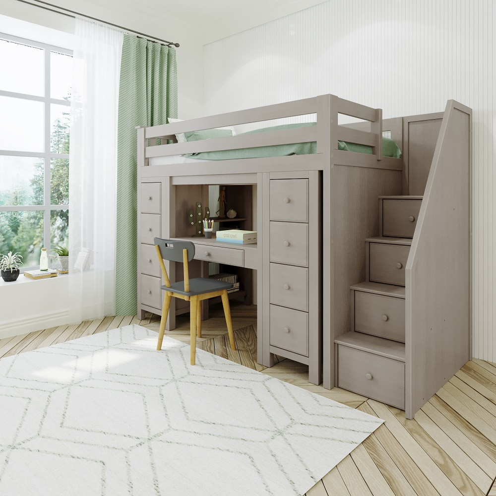 Hunter Sand Staircase Storage Loft Bed with Desk Angled View Room