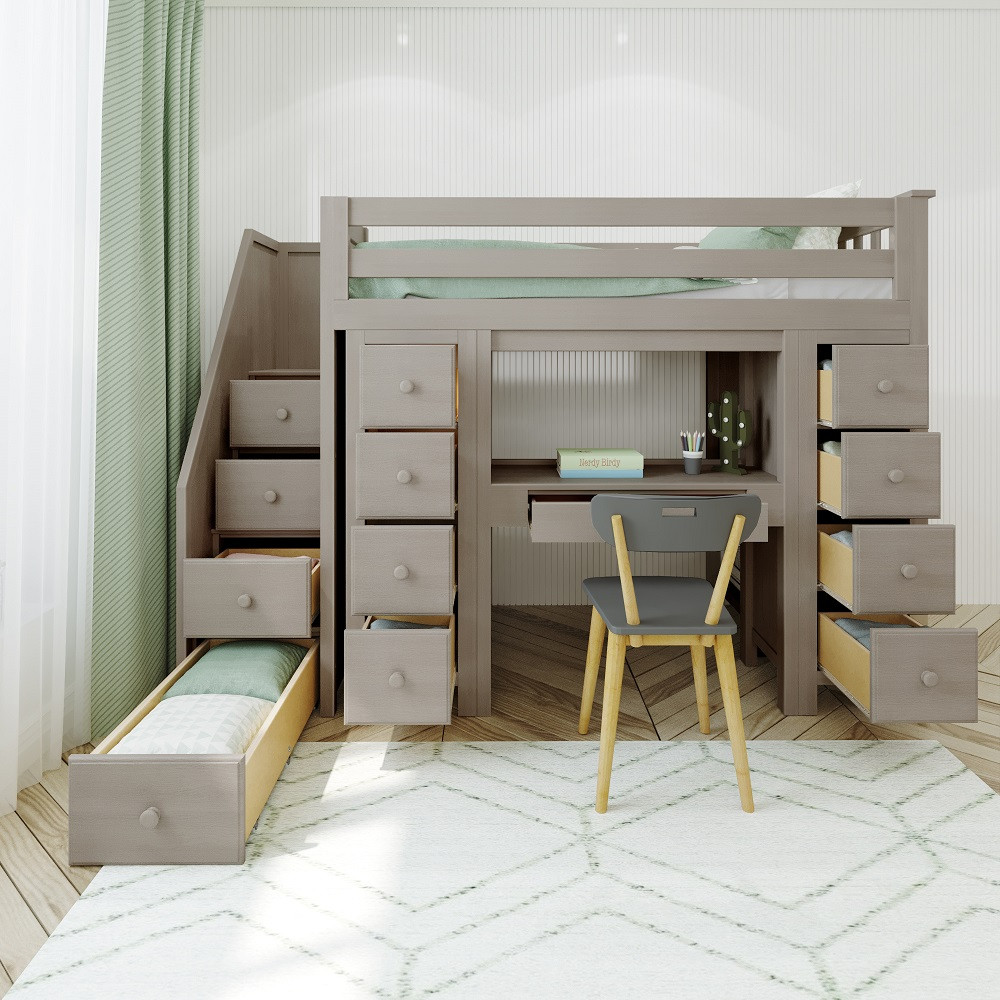 Hunter Sand Staircase Storage Loft Bed with Desk Drawers Open Front View Room