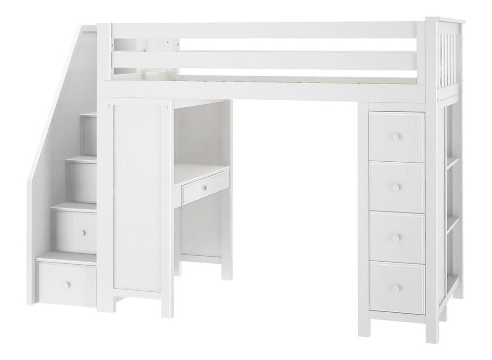Mara White Twin Desk Loft Bed with Stairs Angled View