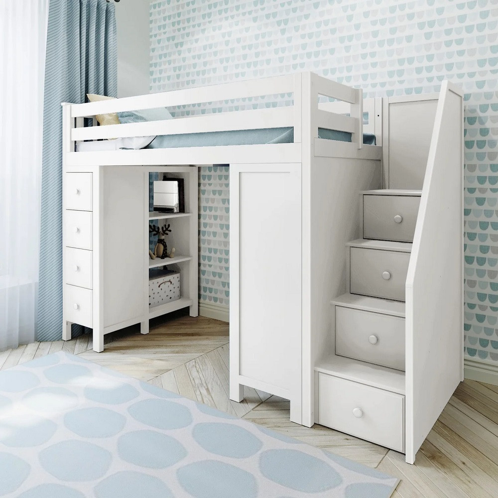 Mara White Twin Desk Loft Bed with Stairs Angled View Room