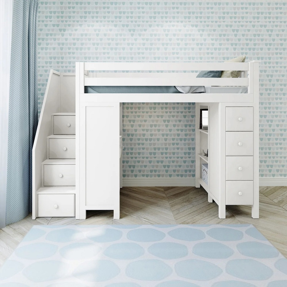 Mara White Twin Desk Loft Bed with Stairs Front View Room
