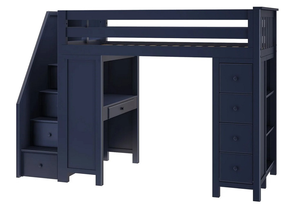 Remy Blue Twin Desk Loft Bed with Stairs Angled View