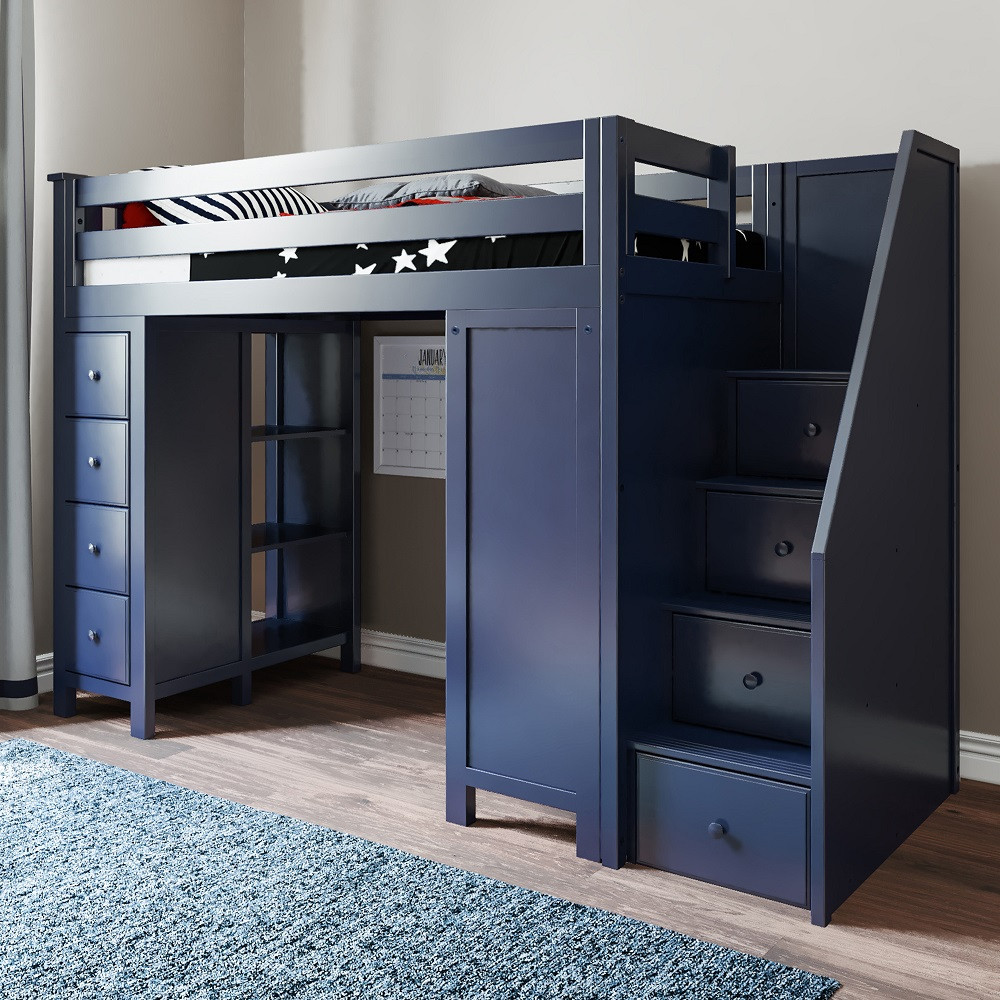Remy Blue Twin Desk Loft Bed with Stairs Angled View Room