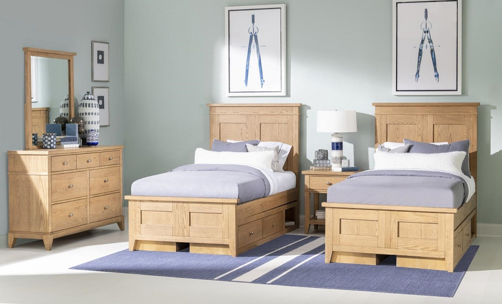 Harper Valley Natural Twin Panel Bed x2 shown with Optional Under Bed Storage Drawers x4 Room