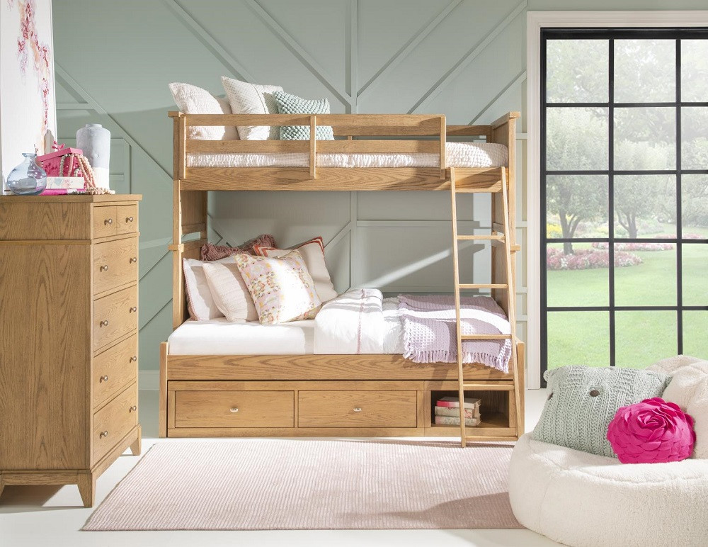 Harper Valley Natural Twin over Full Bunk Bed shown with Optional Under Bed Storage Drawers Room