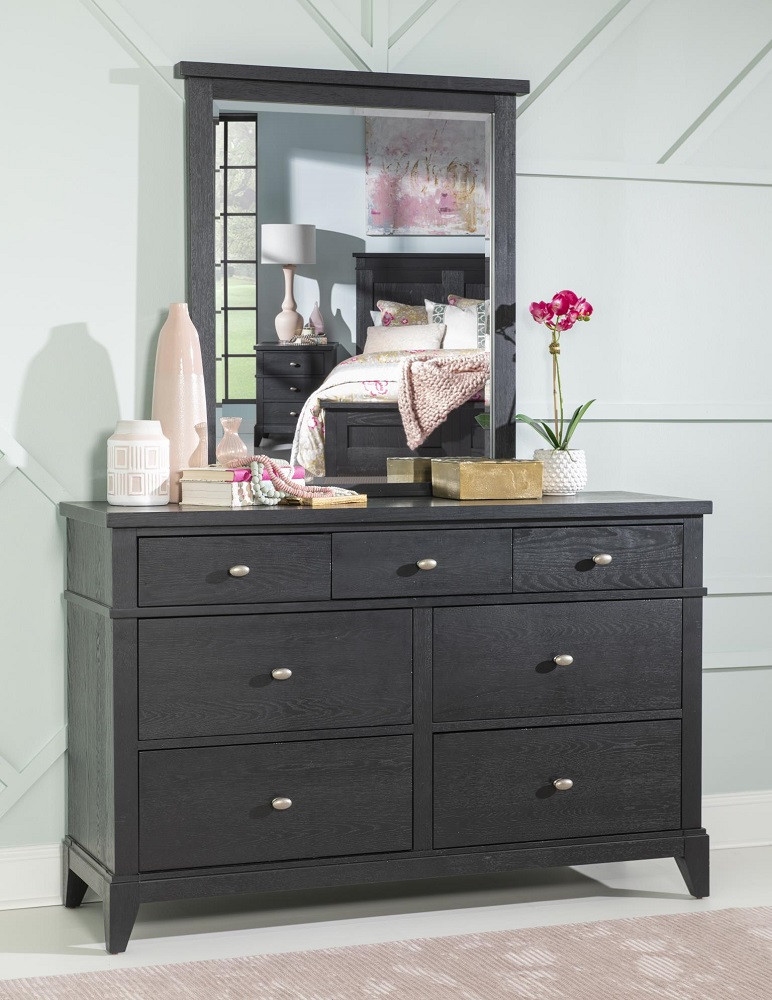 Crossroads Black 7 Drawer Dresser shown with Optional Tall Mirror Room