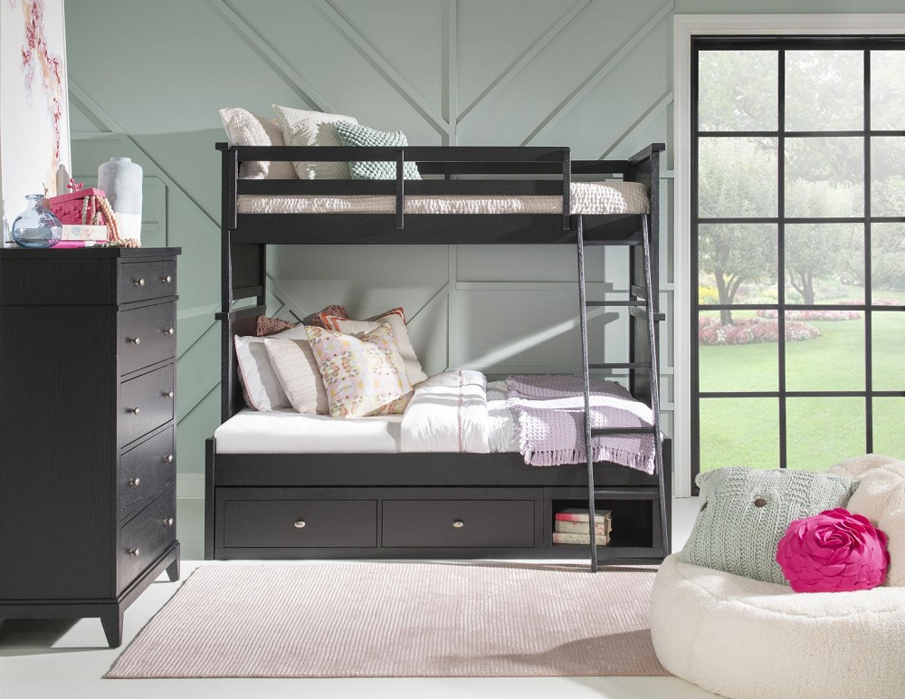 Crossroads Black Twin over Full Bunk Bed shown with Optional Under Bed Storage Drawers Room