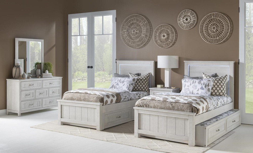 Jordan Whitewash Twin and Full Size Bed Frame with LED Lights shown with Optional Twin Storage Trundle Room
