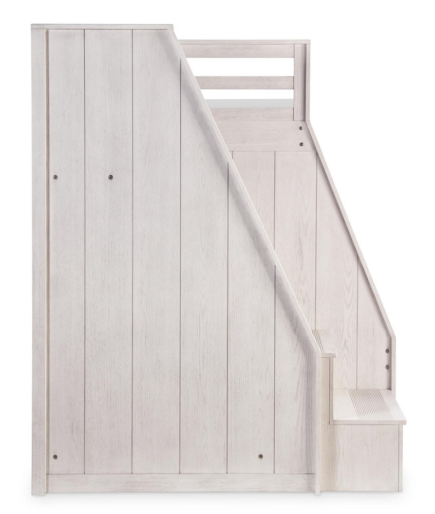 Jordan Whitewash Twin over Full Bunk Bed with Stairs shown with Optional Twin Storage Trundle Side View