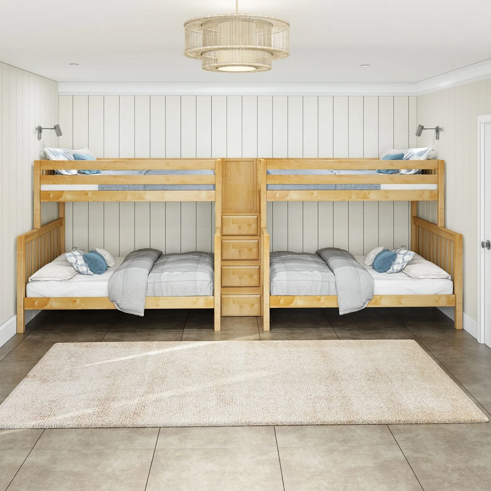 Melrose Natural Quadruple Twin XL over Queen Bunk Bed with Stairs Front View Room