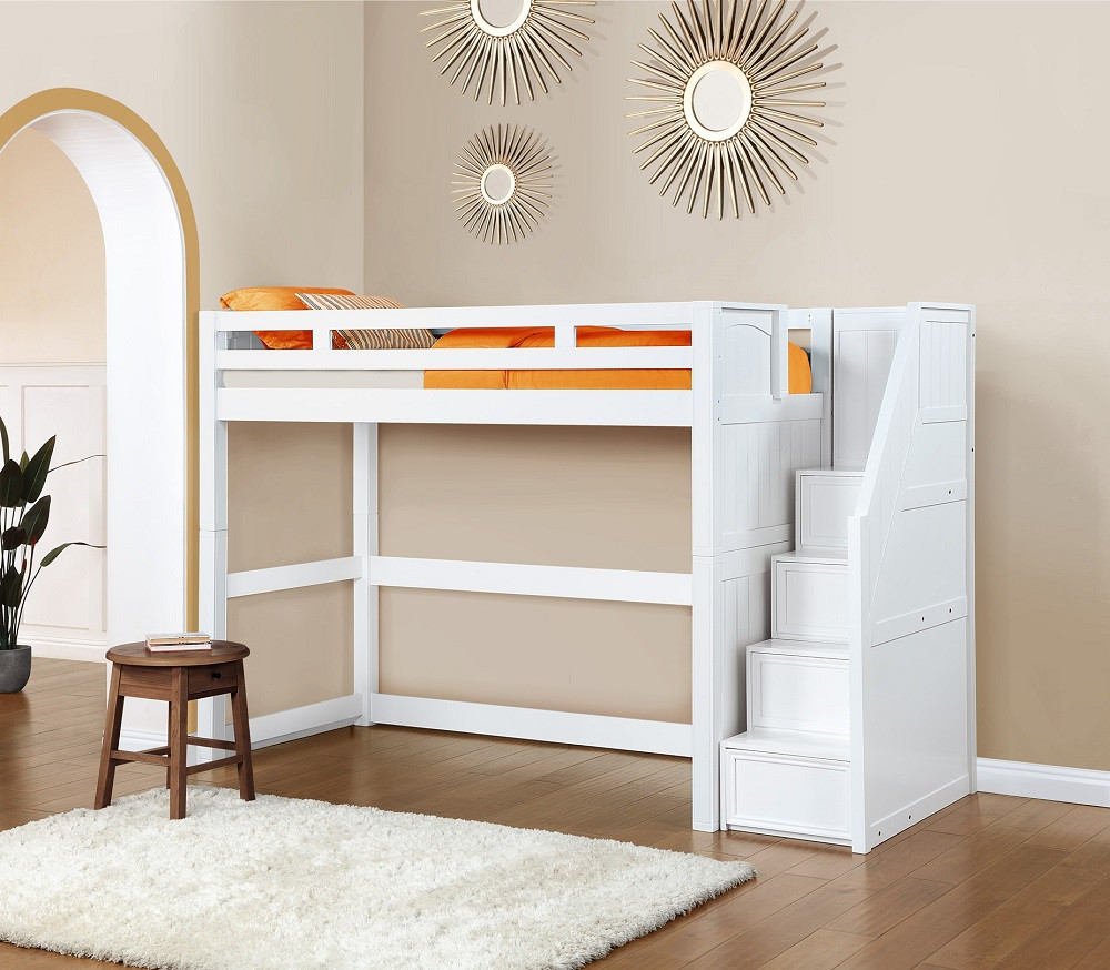 Bellamy Twin Loft Bed with Stairs White Finish Room