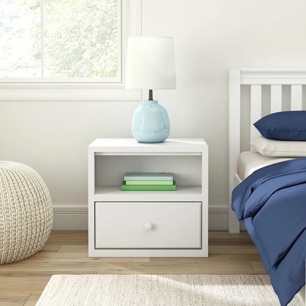 Stella White 1 Drawer Nightstand Front View Room
