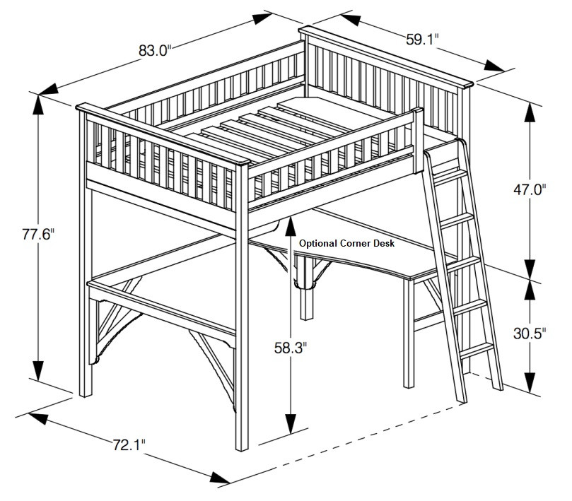 Hollywood White Wood Full Size Loft Bed Dimensions