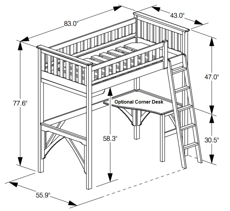 Hollywood White Wood Twin Size Loft Bed Dimensions