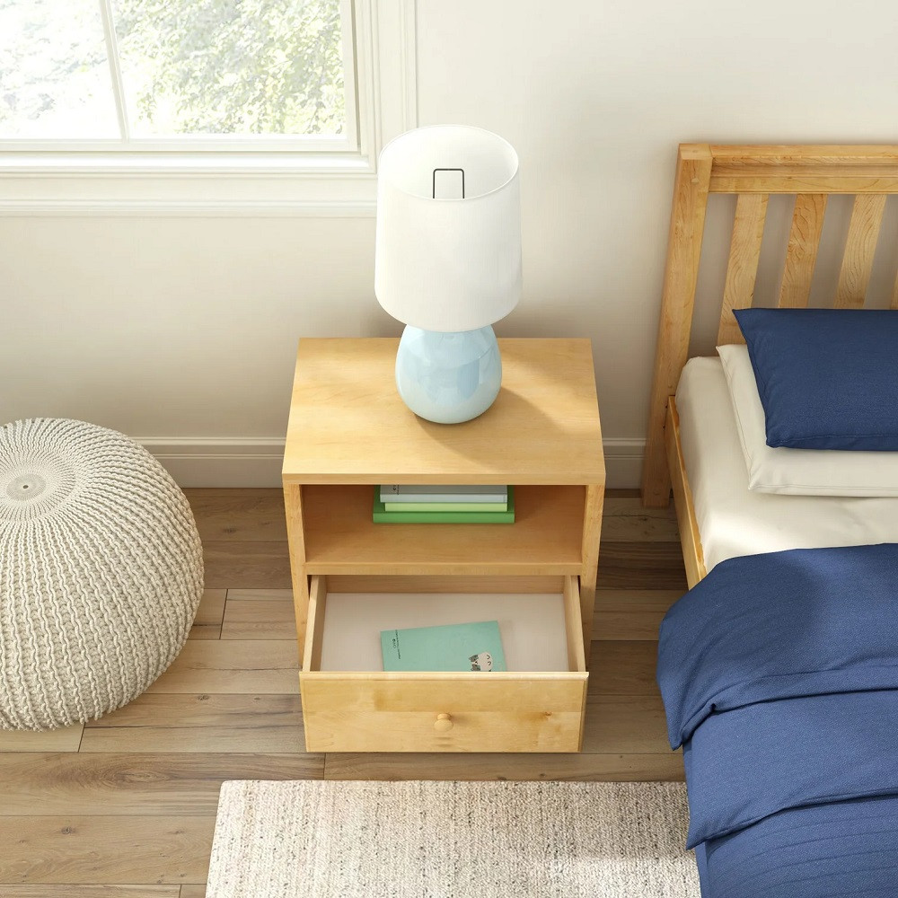 Lingo Natural 1 Drawer Nightstand Top View Drawer Open Room