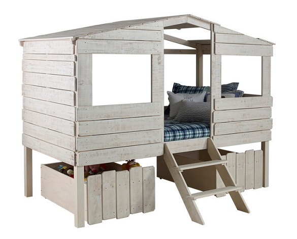 Tanner's Rustic Sand Twin Loft Treehouse Bed shown with Optional Large Storage Drawers