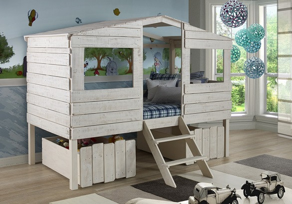 Tanner's Rustic Sand Twin Loft Treehouse Bed shown with Optional Large Storage Drawers Room