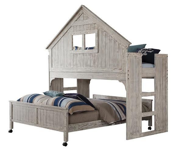 Chanse's Brushed Driftwood Twin Playhouse Loft Bed shown with Optional Full Size Bottom Bed