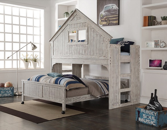 Chanse's Brushed Driftwood Twin Playhouse Loft Bed shown with Optional Full Size Bottom Bed Room