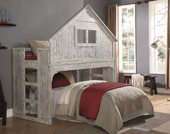 Chanse's Brushed Driftwood Twin Playhouse Loft Bed shown with Optional Full Size Bottom Bed Room