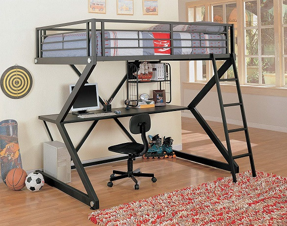 Astro Metal Matte Black Full Size Loft Bed with Desk Room