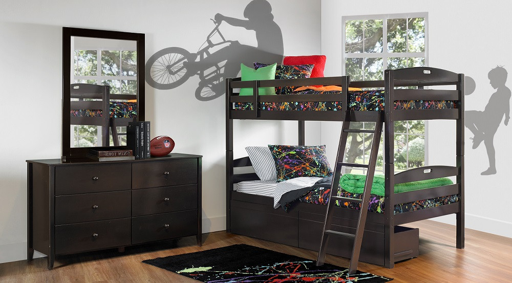 Sullivan Twin over Twin Bunk Beds for Kids Chocolate Finish shown with Optional Set of 2 Storage Drawers, Dresser and Mirror Room