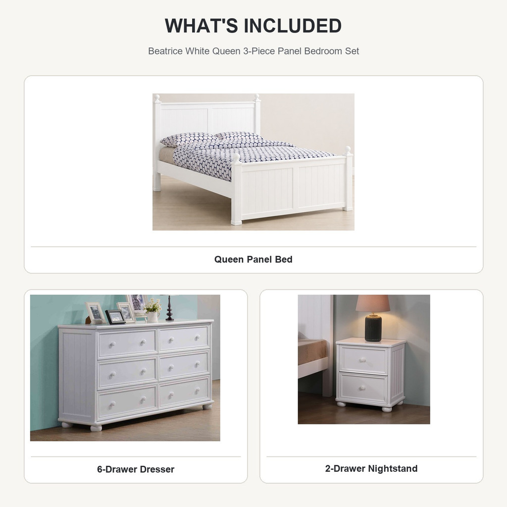 What's included in the Beatrice White Queen 3-Piece Panel Bedroom Set